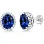 Gem Stone King 925 Sterling Silver Blue Simulated Sapphire Halo Earrings For Women (5.08 Ct Oval 9X7MM)