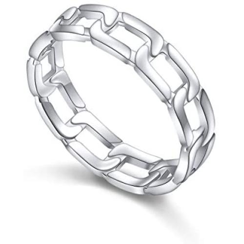 S925 Sterling Silver Simple Band Cuban Link Chain Knot Ring for Women Men