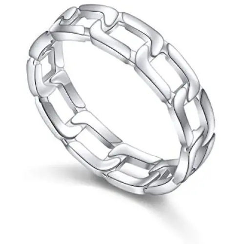 S925 Sterling Silver Simple Band Cuban Link Chain Knot Ring for Women Men