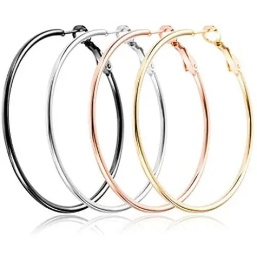 4 Pairs Upgrade Big Hoop Earrings, stainless steel Steel Hoop Earrings 18K Gold Plated Rose Gold Plated Silver for Women Girls Sensitive Ears(4 Colors Set) 4 Pairs Upgrade Big Hoop Earrings, stainless steel Steel Hoop Earrings 18K Gold Plated Rose Gold Plated Silver for Women Girls Sensitive Ears(4 Colors Set)