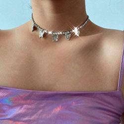 Butterfly Choker Necklace Tennis Chain Butterfly Bling Iced Cubic Zirconia CZ Butterfly Necklace Silver Girls Women