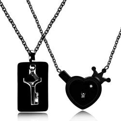 Stainless Love Heart Crown Lock and Key Pendant Necklace Set, 100 Languages I Love You Couples Projection Jewelry