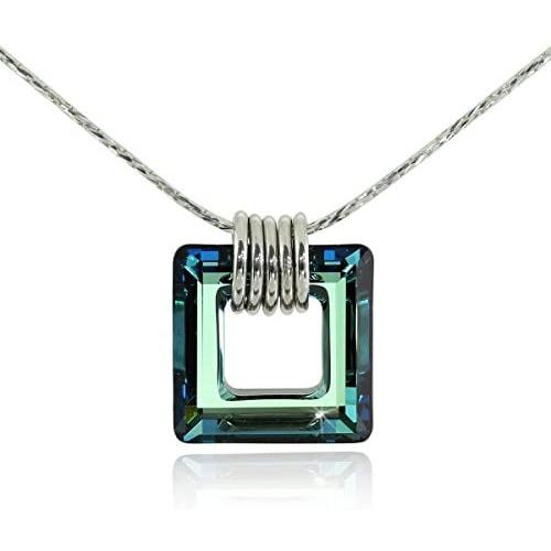 Stera Jewelry Sterling Silver Necklace Made with Swarovski Bermuda Blue or AB Square Crystal Pendant