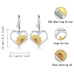 Sunflower Sunshine Silver Drop Earrings - 925 Sterling Silver Heart You are My Sunshine Daisy Blessing Sun Flower Dangle Earrings Jewelry Gifts for Women Girl Friend Wife Daughter