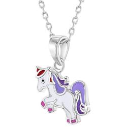 925 Sterling Silver Purple Sweet Enamel Unicorn Necklace Pendant Girls Kids 16''