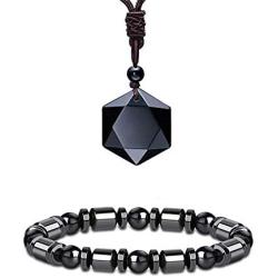 Black Obsidian Hexagram Natural Stone Pendant Necklace and Hematite Bracelet Hematite Metal Magnetic Therapy Bracelets