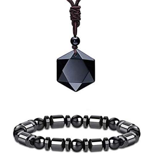 Black Obsidian Hexagram Natural Stone Pendant Necklace and Hematite Bracelet Hematite Metal Magnetic Therapy Bracelets