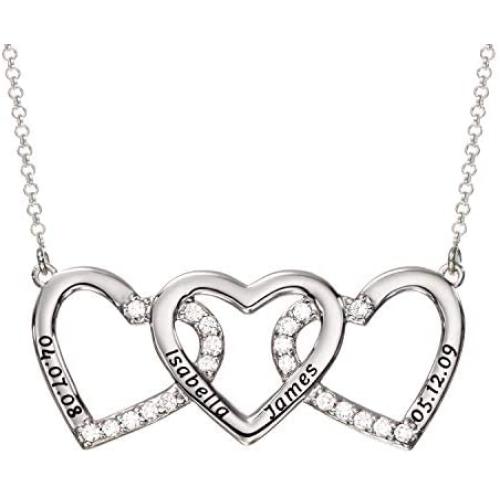 MyNameNecklace Personalized 3 Intertwined Hearts Engraved Necklace with Clear CZ Stones-Custom V-Day Valentines 925 Silver Jewelry Gift