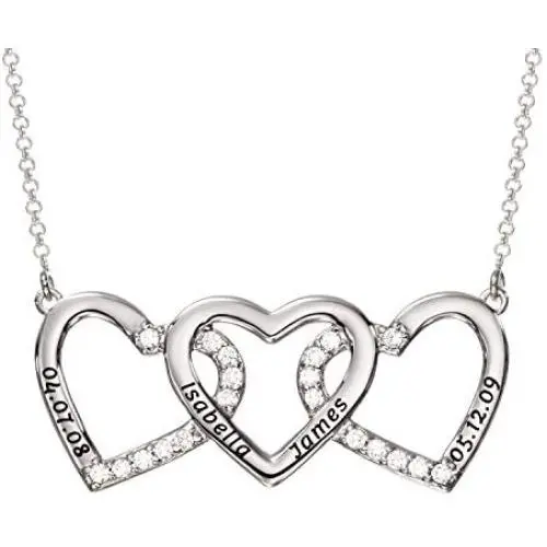 MyNameNecklace Personalized 3 Intertwined Hearts Engraved Necklace with Clear CZ Stones-Custom V-Day Valentines 925 Silver Jewelry Gift