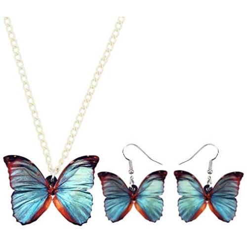 WEVENI Acrylic Monarch Butterfly Necklace and Earrings Morpho Butterfly Jewelry Sets Insect Dangle Drop Pendant for Women Girls Ladies