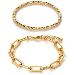CLASSYZINT Gold Bracelets for Women 18k Gold Filled Plated Adjustable Gold Beaded Ball Paper Clip Cuban Link Chain Bracelet Chunky Layered Stackable Elastic Bracelet Set