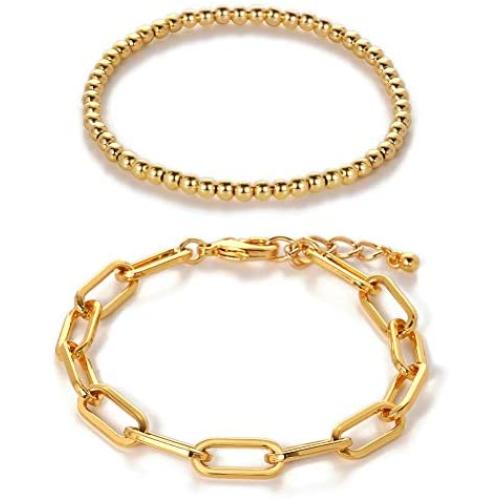 CLASSYZINT Gold Bracelets for Women 18k Gold Filled Plated Adjustable Gold Beaded Ball Paper Clip Cuban Link Chain Bracelet Chunky Layered Stackable Elastic Bracelet Set