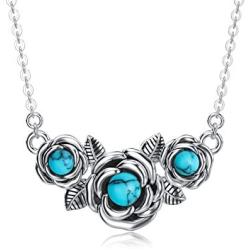 925 Stealing Sliver Oxidized Rose Turquoise necklace New Type Gift For Women Girl,18+2 Inch O Chain