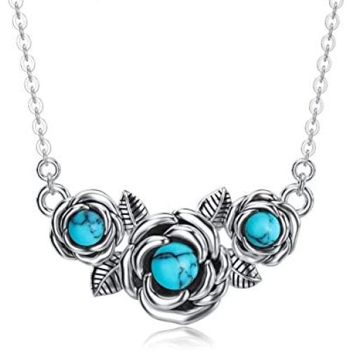 925 Stealing Sliver Oxidized Rose Turquoise necklace New Type Gift For Women Girl,18+2 Inch O Chain