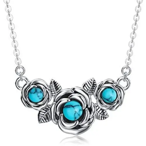 925 Stealing Sliver Oxidized Rose Turquoise necklace New Type Gift For Women Girl,18+2 Inch O Chain