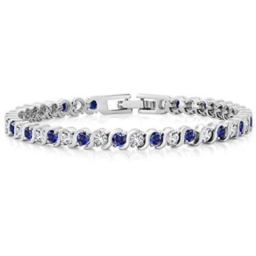 Gem Stone King Stunning Round White Cubic Zirconia and Simulated Blue Sapphire Tennis Bracelet