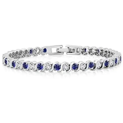 Gem Stone King Stunning Round White Cubic Zirconia and Simulated Blue Sapphire Tennis Bracelet