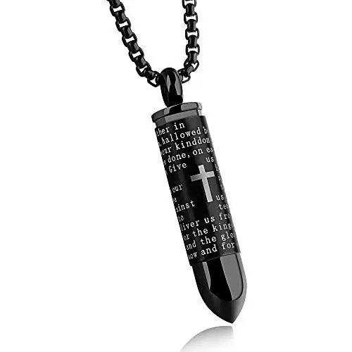 changgaijewelry Mens Cross Pendant Necklace for Men Black Gold English Urn Lords Prayer Stainless Steel Ash Memorial Bullet Chain Nice Gifts