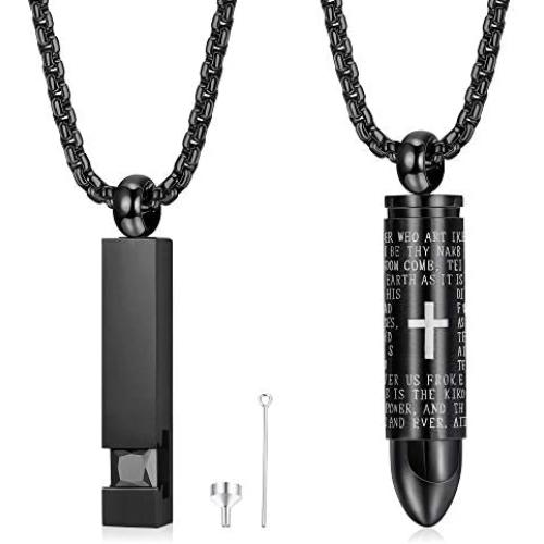 LOYALLOOK 2PCS Cremation Urn Necklace for Ashes Memorial CZ Skull Pendant Necklaces Black Stainless Steel Ashes Necklace Keepsakes Jewelry