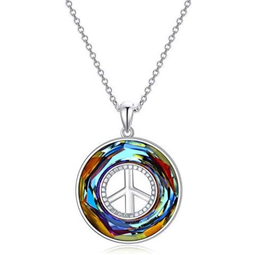 925 Sterling Silver Peace Sign Pendant Necklace for Women, Made with Circle Austrian Crystal