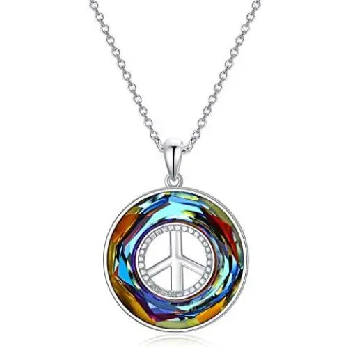 925 Sterling Silver Peace Sign Pendant Necklace for Women, Made with Circle Austrian Crystal