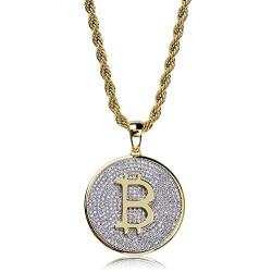 TOPGRILLZ Fully Iced Out CZ 14K Gold Plated Bitcoin Cryptocurrency Pendant Necklace Chain Men