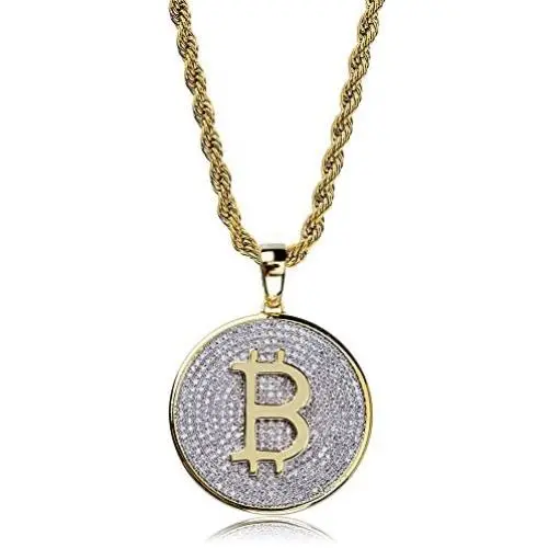 TOPGRILLZ Fully Iced Out CZ 14K Gold Plated Bitcoin Cryptocurrency Pendant Necklace Chain Men TOPGRILLZ Fully Iced Out CZ 14K Gold Plated Bitcoin Cryptocurrency Pendant Necklace Chain Men