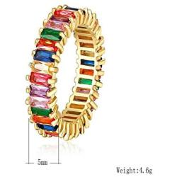 Rainbow Square Baguette Zircon Engagement Ring Colorful Cubic Zirconia Stackable Eternity Band Ring Gold Filled Copper Geometric Thin Line Multicolor Pava CZ Finger Ring for Women Girl Party Jewelry