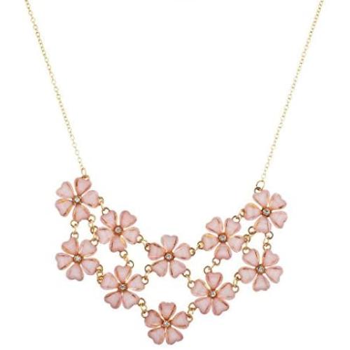 LUX ACCESSORIES Gold Tone Pink Stone Cluster Floral Flower Statement Necklace