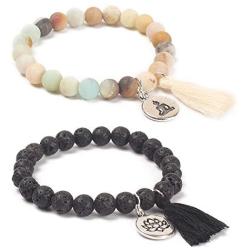BALIBALI Handmade Mala Beads Bracelet Natural Stone Beaded Meditation Lotus Tibetan Bracelet Tassel Bracelet Japa Yoga Rosary Prayer Charm Lava Rock Oil Diffuser Bracelets