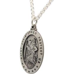 All Patron Saints Antiqued St Christopher Medal Necklace – Solid Sterling Silver Oval Medallion and Chain – Personalized Engraving – Gift Box