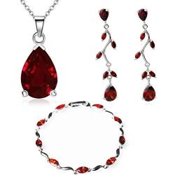 Crystalline Azuria Jewelry Sets for Women: Burgundy Red or Black Crystal Teardrop Necklace and Earrings Set Costume Jewelry for Women, Wedding Party - 18K White Gold Plated Pendant and Earring Sets, Bracelet Set