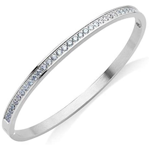 555Jewelry Womens Stainless Steel Fashion Cuff Hinged Lock Bangle Bracelet