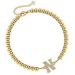 Hidepoo Initial Beaded Bracelets for Women, 14K Gold Plated Dainty Cubic Zirconia Bead Initial Bracelets Personalized Letter Beaded Initial Bracelets for Women Girls Jewelry Gifts