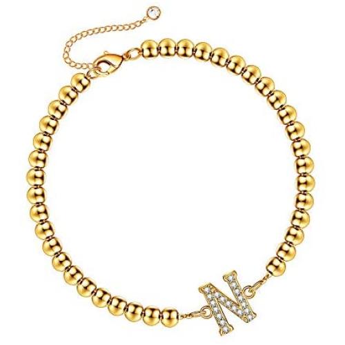 Hidepoo Initial Beaded Bracelets for Women, 14K Gold Plated Dainty Cubic Zirconia Bead Initial Bracelets Personalized Letter Beaded Initial Bracelets for Women Girls Jewelry Gifts