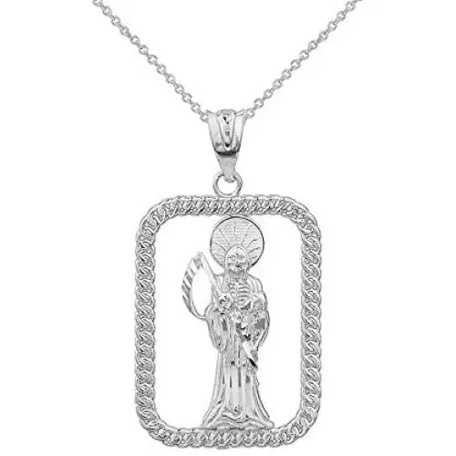 Sterling Silver Santa Muerte (Grim Reaper) Rope-Style Rectangular Frame Necklace
