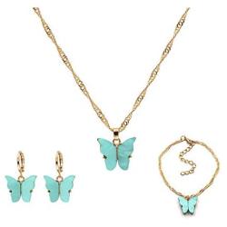 4 Pcs/Set Coforful Butterfly Jewelry Set Cute Acrylic Butterfly Pendant Necklace Bracelet Earrings Adjustable Chain Bohemian Necklace for Women Boho Jewelry Valentines Day Gifts