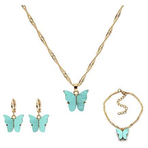 4 Pcs/Set Coforful Butterfly Jewelry Set Cute Acrylic Butterfly Pendant Necklace Bracelet Earrings Adjustable Chain Bohemian Necklace for Women Boho Jewelry Valentines Day Gifts