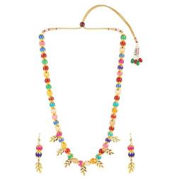 Efulgenz Boho Indian Bollywood Antique Leaf Tassel Faux Pearl Beaded Strand Statement Necklace Earrings Jewelry Set