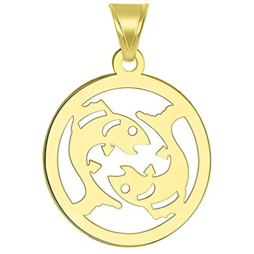 14k Yellow Gold Dainty Round Pisces Zodiac Symbol Cut-Out Fish Pendant