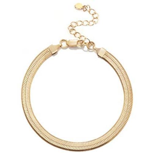 NUZON 14K Gold Snake Chain Bracelet& Cuban Curb T Bar Link Chain Bracelet Minimalist Dainty Jewelry for Women Girls 7 Adjustable