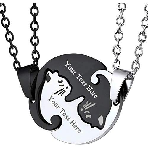Couple Heart/Cat Necklaces, 2pcs Necklaces/Set, Black/18K Real Gold Plated 316L Stainless Steel, Mens Womens Jewelry (with Gift Box)