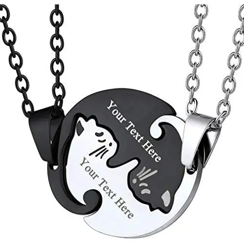 Couple Heart/Cat Necklaces, 2pcs Necklaces/Set, Black/18K Real Gold Plated 316L Stainless Steel, Mens Womens Jewelry (with Gift Box)