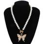 Pingyongchang New Short Pearl Rhinestones Choker Big Gold Color Butterfly Necklace for Women Girls Party Hot Jewelry Gifts