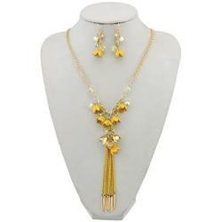 Bocar Long 2 Layer Chain Unique Flower Pendant Tassels Necklace Earrings Women Jewelry Set