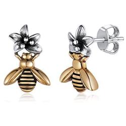 Nofade Silver Cute Flower Bumble Bee Earrings Studs for Women Teen Girls 925 Sterling Silver & Brass Small Animal Studs Earrings Hypoallergenic Earrings for Sensitive Ears