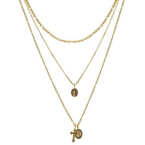 Layered Gold Cross Necklace for Women Girls 18K Gold Plated Figaro Box Chain Choker Mothers Day Gifts Vintage Layered Choker Necklace
