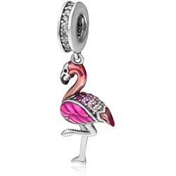 Eternalll Original 925 Sterling Silver Beads Pink Flamingo Bird Enamel CZ Stone Dangle Lucky Animal Charm Birthday Christmas Charm for Women Original Pandora Bracelets Jewelry Gift (B)