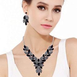 EVER FAITH Womens Crystal Elegant Bridal Cluster Flower Leaf Drop Necklace Earrings Set