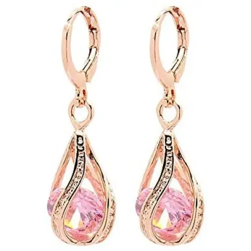 Comelyjewel Womens Earring with Hollow Design,Women Fashion Cubic Zirconia Water Drop Dangle Leaverback Earrings Jewelry Gift - Pink